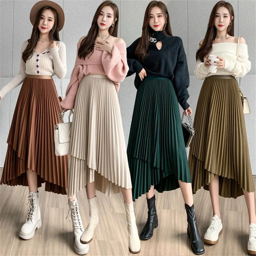 2024 Spring Autumn Pleated Skirt Women Fashion Elastic High Waist A Line Long Skirts Korean Style casual vintage black skirt