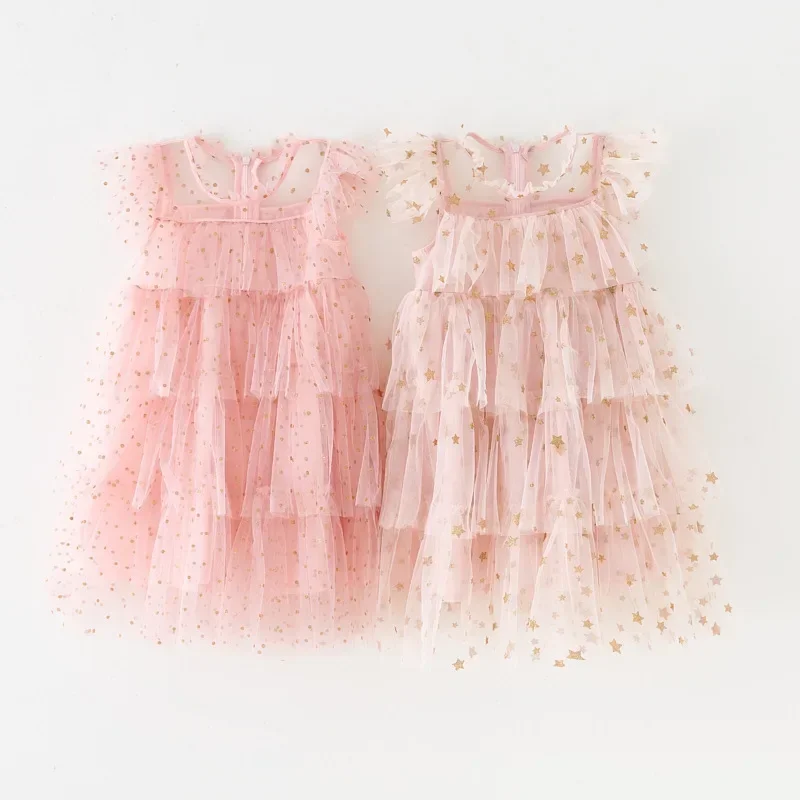 Baby Girl Toddler Clothes Princess Dress Pink Stars Sequins Cake Puffy Tulle Dresses for Girls Birthday Elegant Kids Ball Gowns