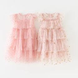 Baby Girl Toddler Clothes Princess Dress Pink Stars Sequins Cake Puffy Tulle Dresses for Girls Birthday Elegant Kids Ball Gowns