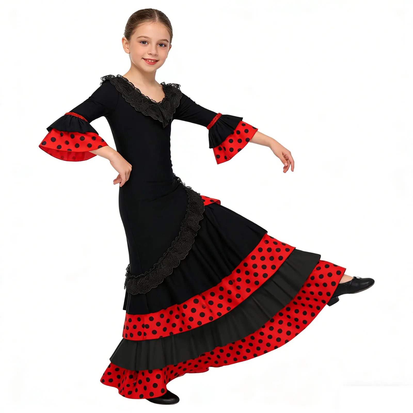 Girl's Flamenco Dress Contrast Color Dots Tiered Ruffle Spanish Ballroom Dance Dress 3/4 Sleeves Back Invisible Zipper Dancewear