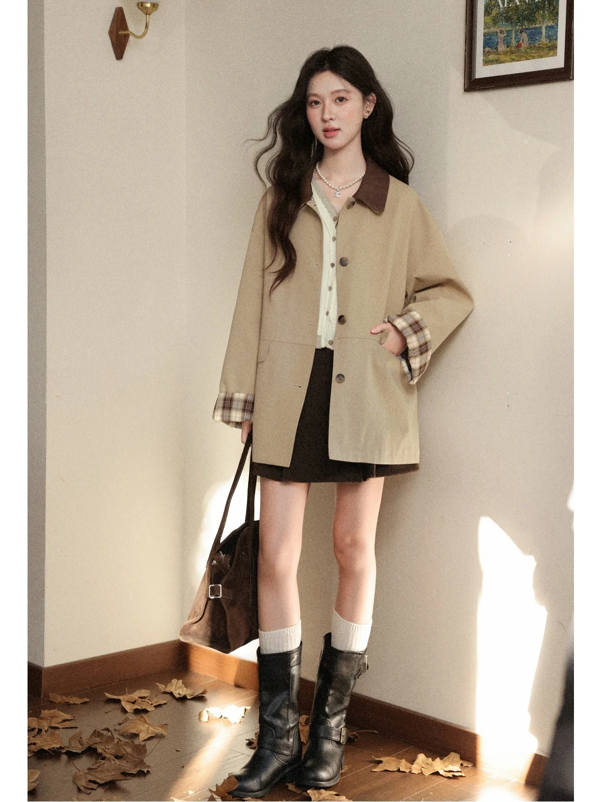 

i Color Loose Women's Windbreaker Faionable Autumn Outerwear Long Sve Mid-Length Single-Button Closure Ele Coat