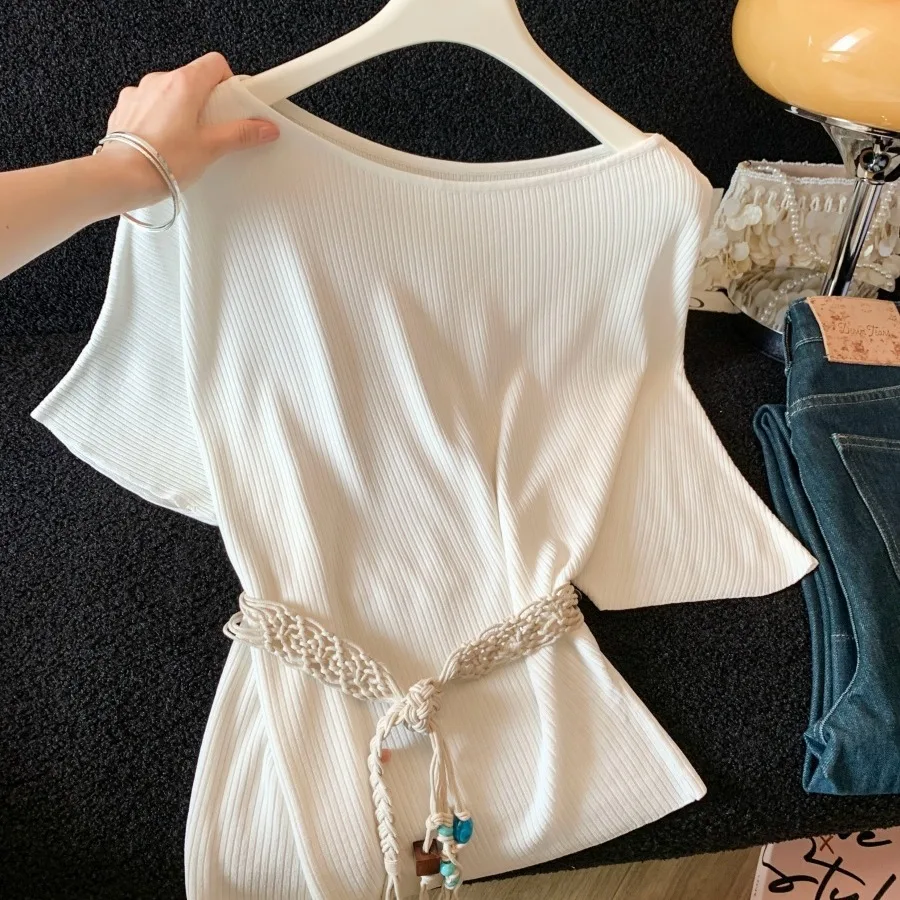 

Elegant Korean Style Summer Knitted Batsleeve Shoulder Bared Lazy Fashion High Quality Belted Women's Top Age Defying
