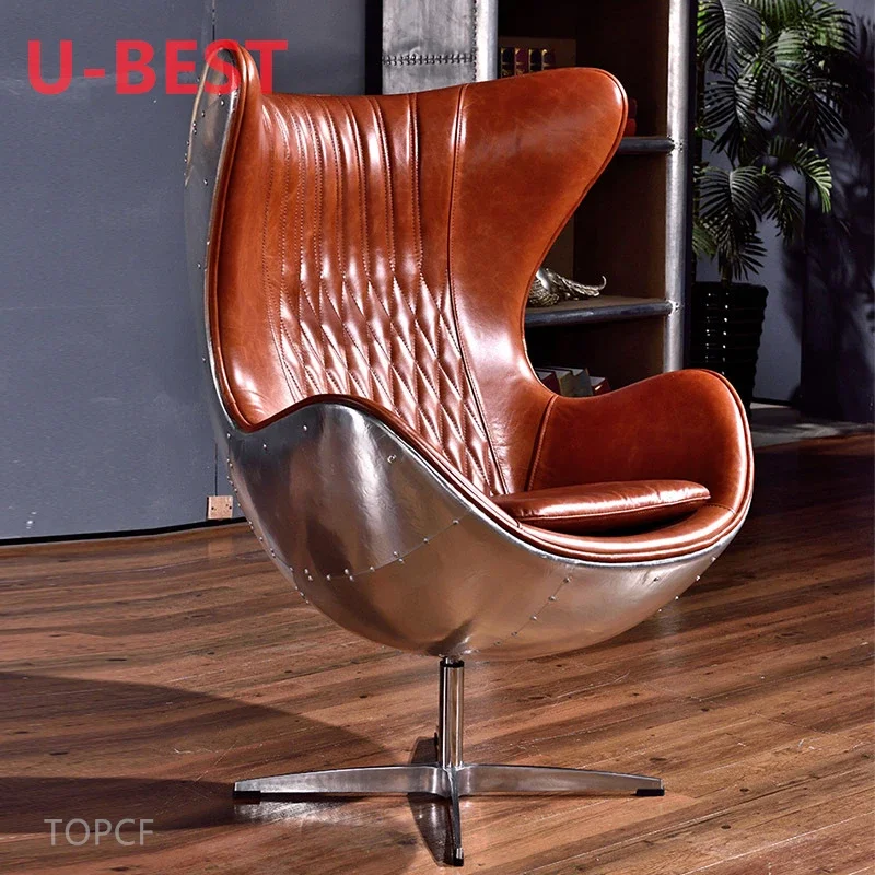 

U-Best Living Room Vintage Retro Style Brown Leather Metal Aluminum Swivel Aviator Single Chair Designer Vintage Aviator Chair