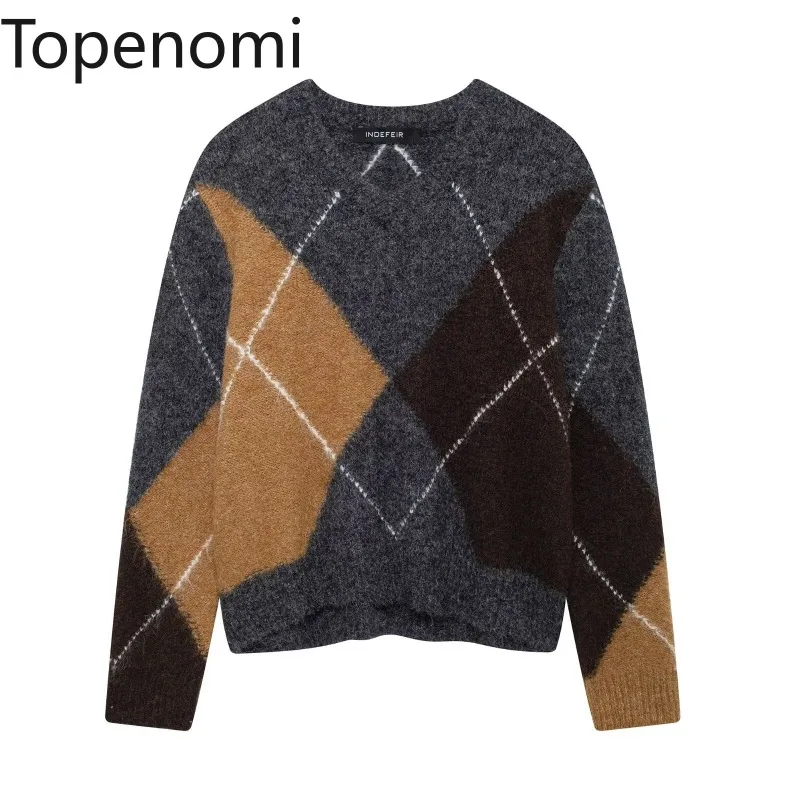 Topenomi Argyle Short Sweater Women Vintage Contrast Color V Neck Knitted Pullover Autumn Winter Long Sleeve Lazy Tops Pulls