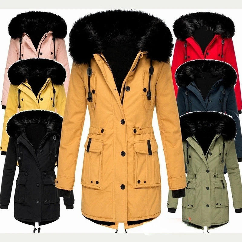 Abrigo acolchado de invierno para mujer, chaqueta acolchada de talla grande, Parka gruesa con forro polar térmico, Cuello de piel, prendas de vestir holgadas con capucha