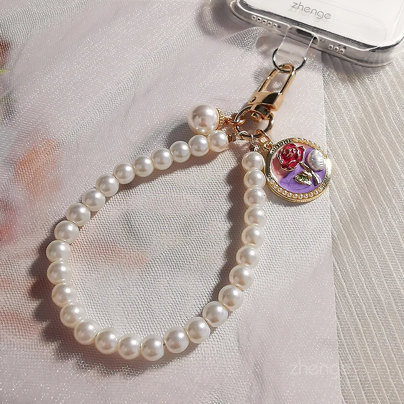 Rose Tag Pearl Phone Chain Pendant Wrist Rope Ins Women's Advanced Sense Anti Loss Phone Hanging Rope Versatile