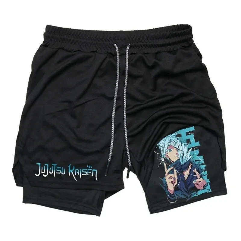 Anime Jujutsu Kaisen Compression Shorts for Men, Quick Dry Athletic Shorts, Pocket Performance, Gym, Workout, Fitness, 2 in 1