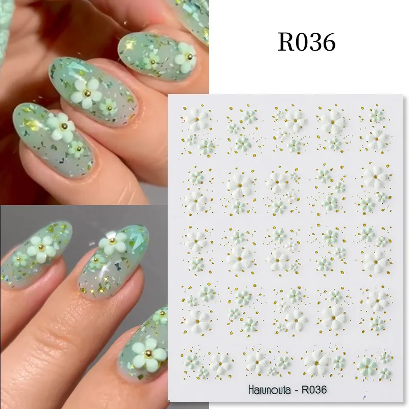 Harunouta Lace Flower Acrylic Embossed 5D Nail Stickers Jellycolor Floral Geometric Sliders Autumn Winter Adhesive Nail Decals