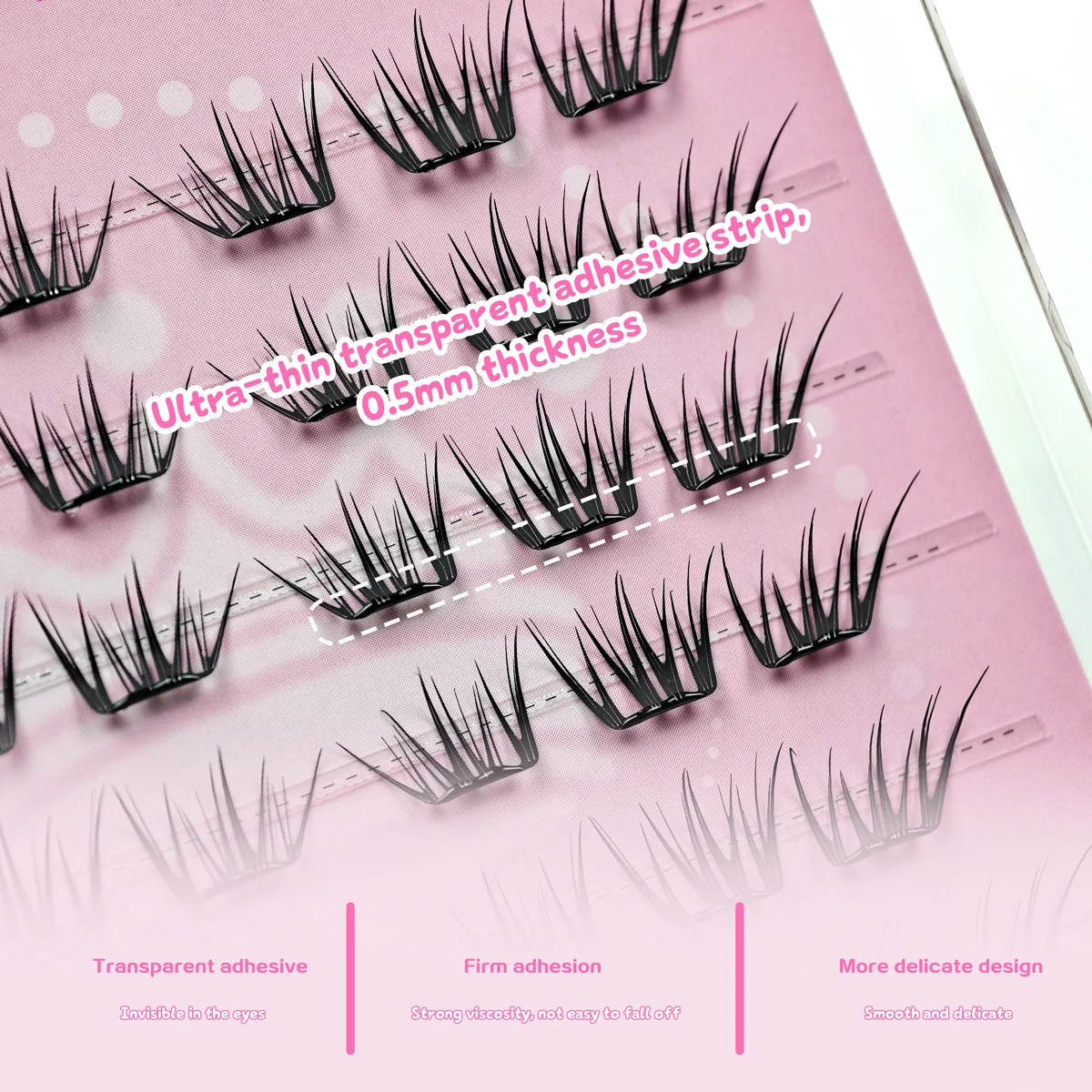 Self-Adhesive Thin Pad False Lashes, Clear Slim Adhesive Strip, Ultra-Light Weight, Flowing Wispy Strands, Natural Elegant Eye