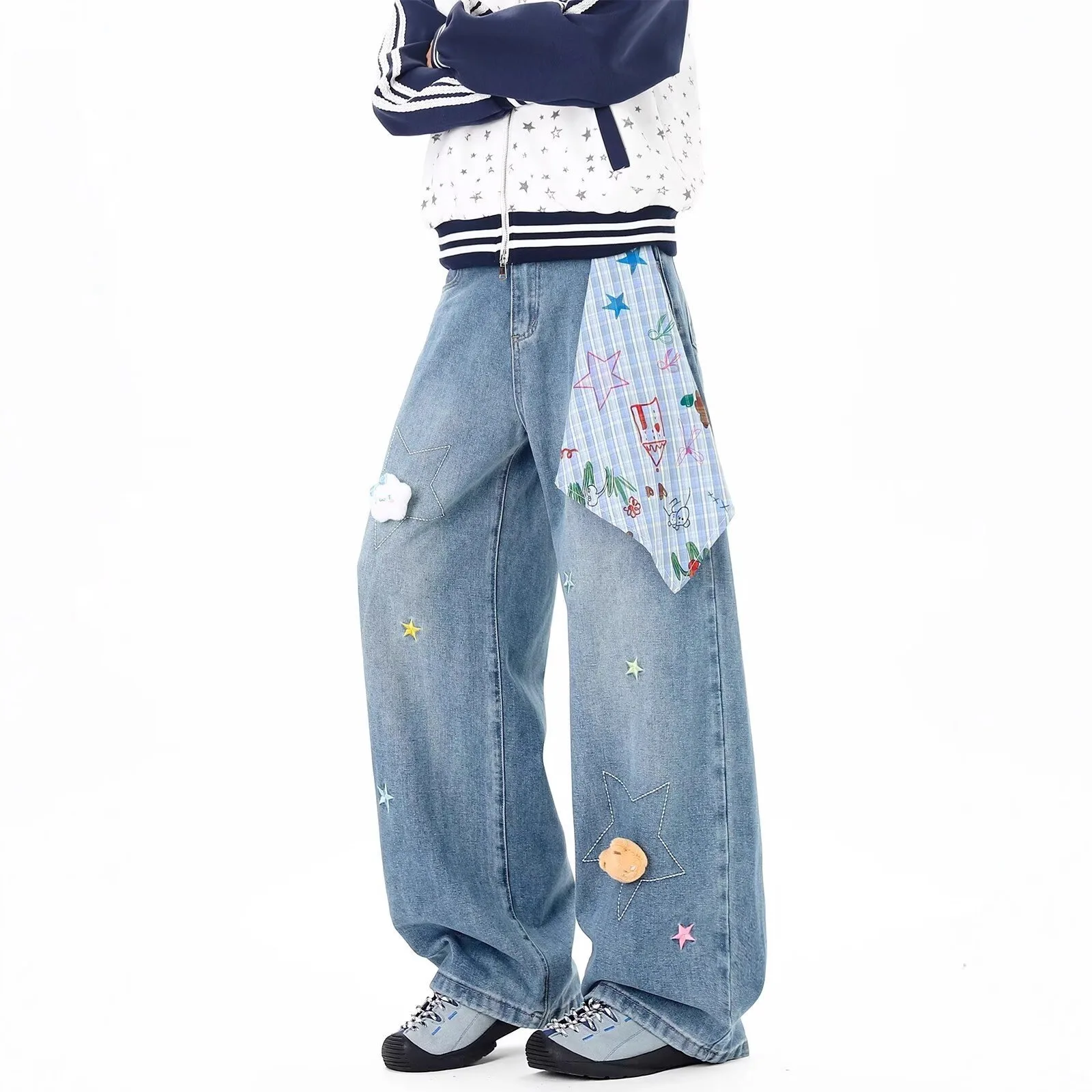 Dopamine Star Embroidery Curved Jeans Retro Distressed Wide Leg Pants Loose Casual Denim Trousers for Women and Men