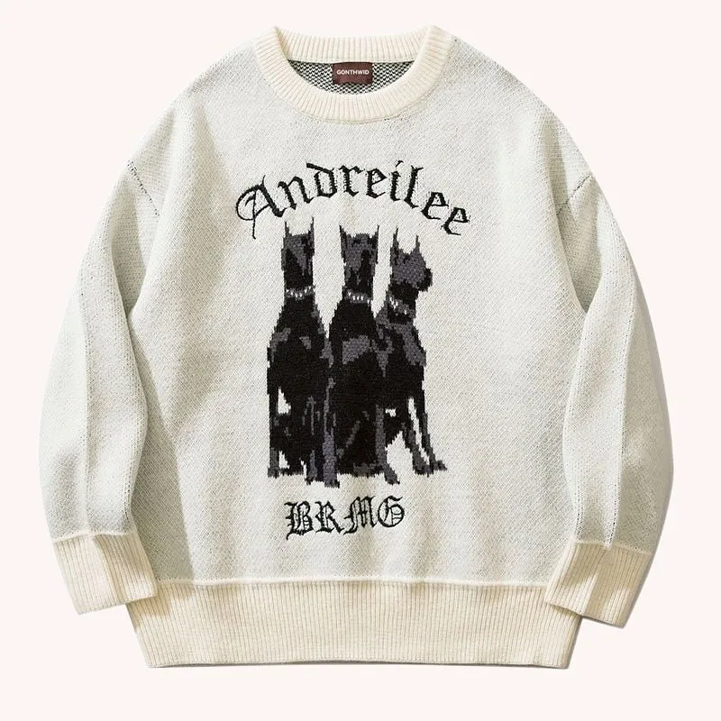 Men\'s Vintage Knitted Doberman Sweater, Casual Street Wear, Hip Hop, Harajuku Fashion, Autumn, Y2K