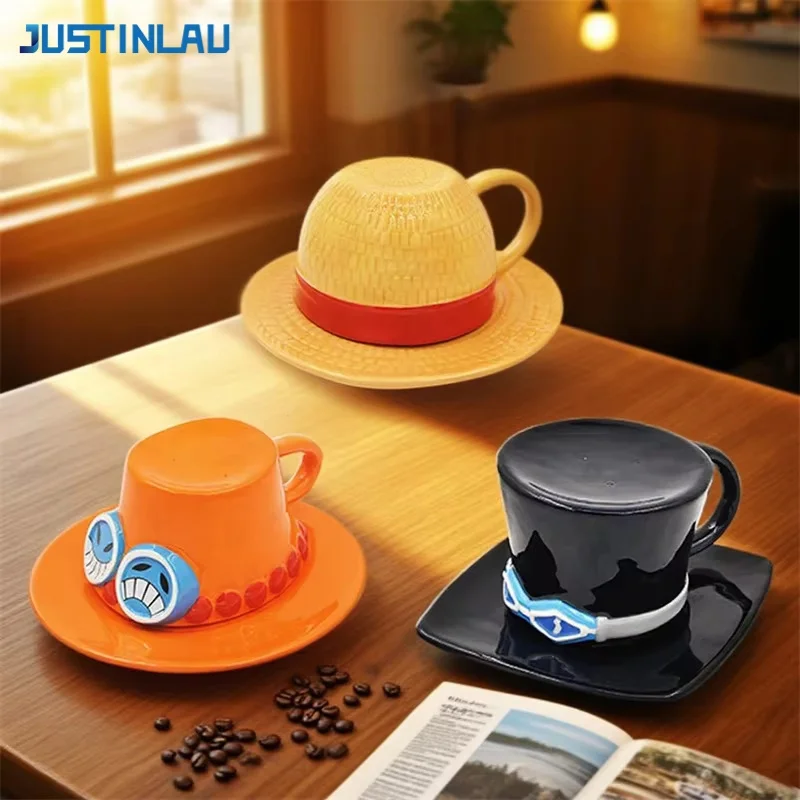 JUSTINLAU Cartoon Keramik-Kaffeetasse und Untertasse, Kreativer Brüderhut-Becher, Reliefbemalt, Frühstückstasse für Zuhause, Milch-, Saft- und Wasserbecher
