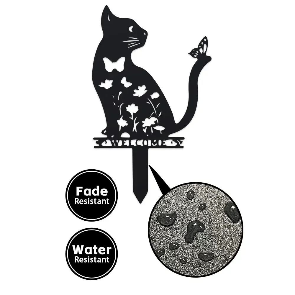 2D Metal 1pc Outdoor Animal Silhouette Decorative Floor Mount, Lawn Ornament Rustic Cast Iron Cat Garden Stake