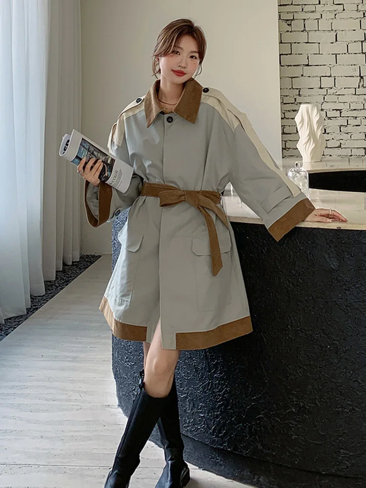 LANMREM Trench Coat Women Mid-length 2024 Spring Loose British Style Color Block Lapel Single Breasted Belt Windbreaker 2R7807