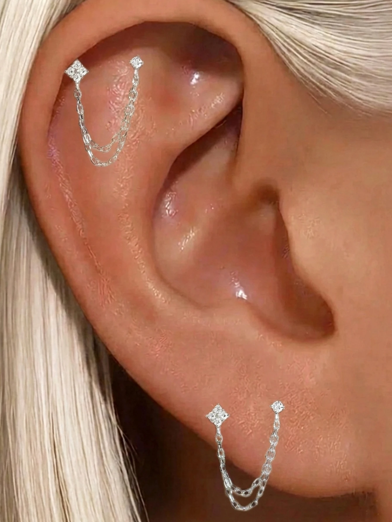 ROXI 1 Stück S925 Silber Verbundene Kette CZ Tragus Stud Doppelketten-Knorpelpiercing Einfacher Eleganter Ohrring für Tägliche Anlässe – Detail 14