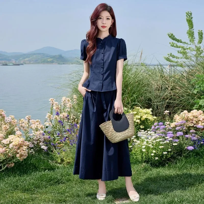 

Women's Navy Blue Mandarin Collar Puff Short Sleeve Top Wide-Leg Pants Two Piece Set