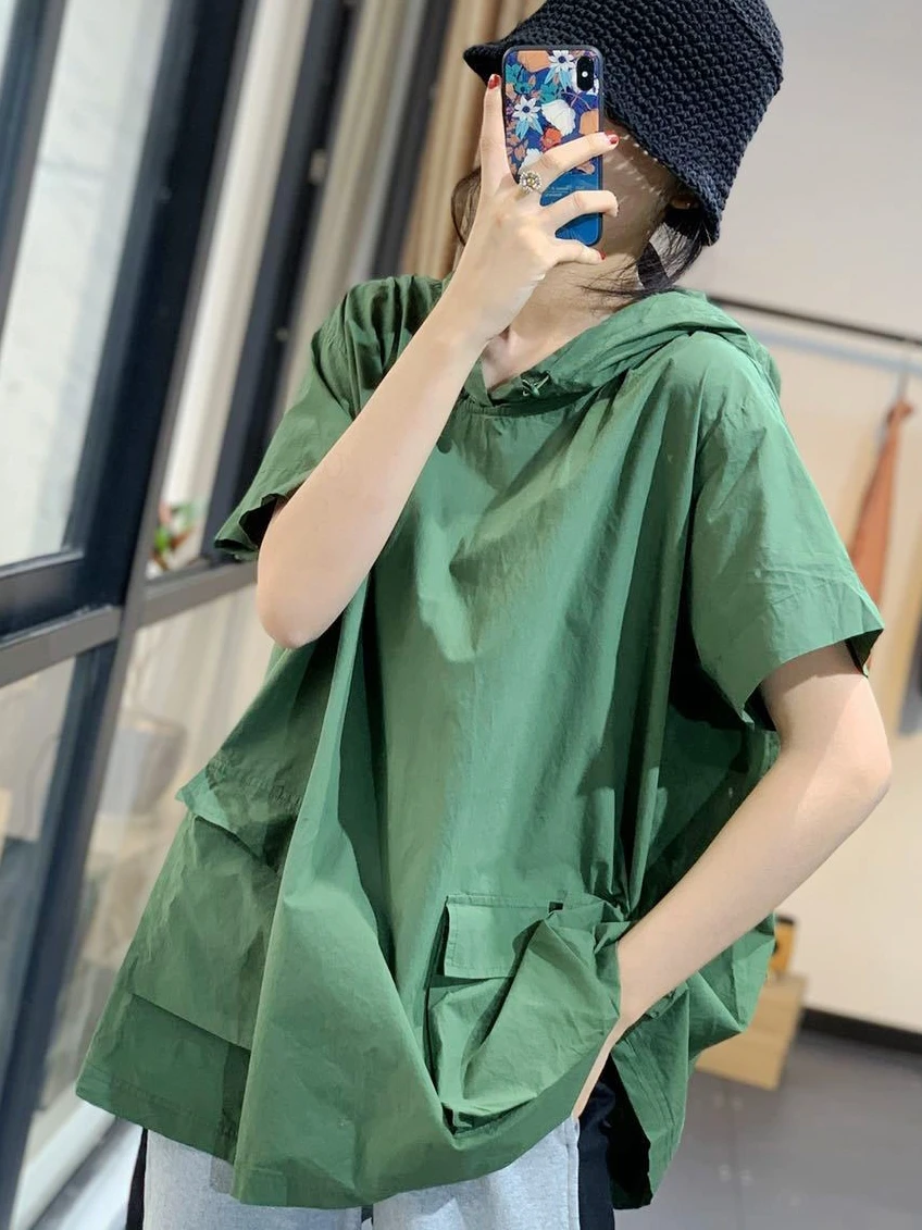 

Anti-Aging Large Size Women's Shirt Summer Casual Style Hooded Tagless Wide Belly Cover Patchwork Fashion Top for Office