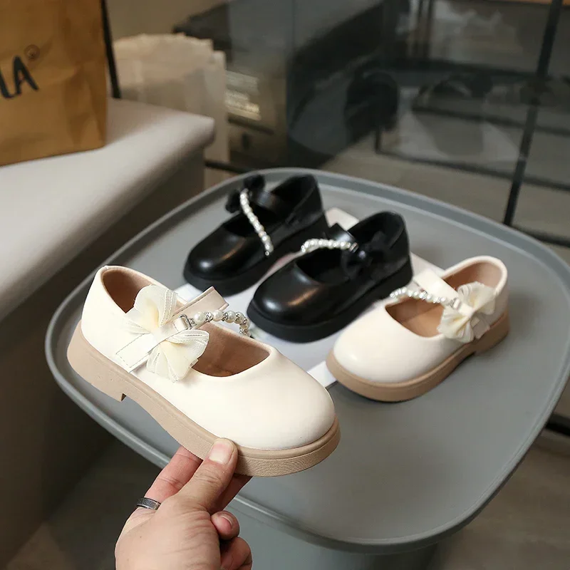 New Girl Princess Style Children's Leather Shoes with Elegant Bow Side Wedding Party Children's Formal Shoes