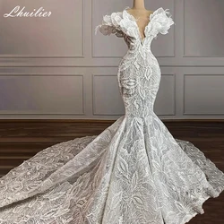 Lhuilier Customized Sexy V Neck Mermaid Lace Wedding Dresses Sleeveless Ruffled Bridal Gown with Chapel Train