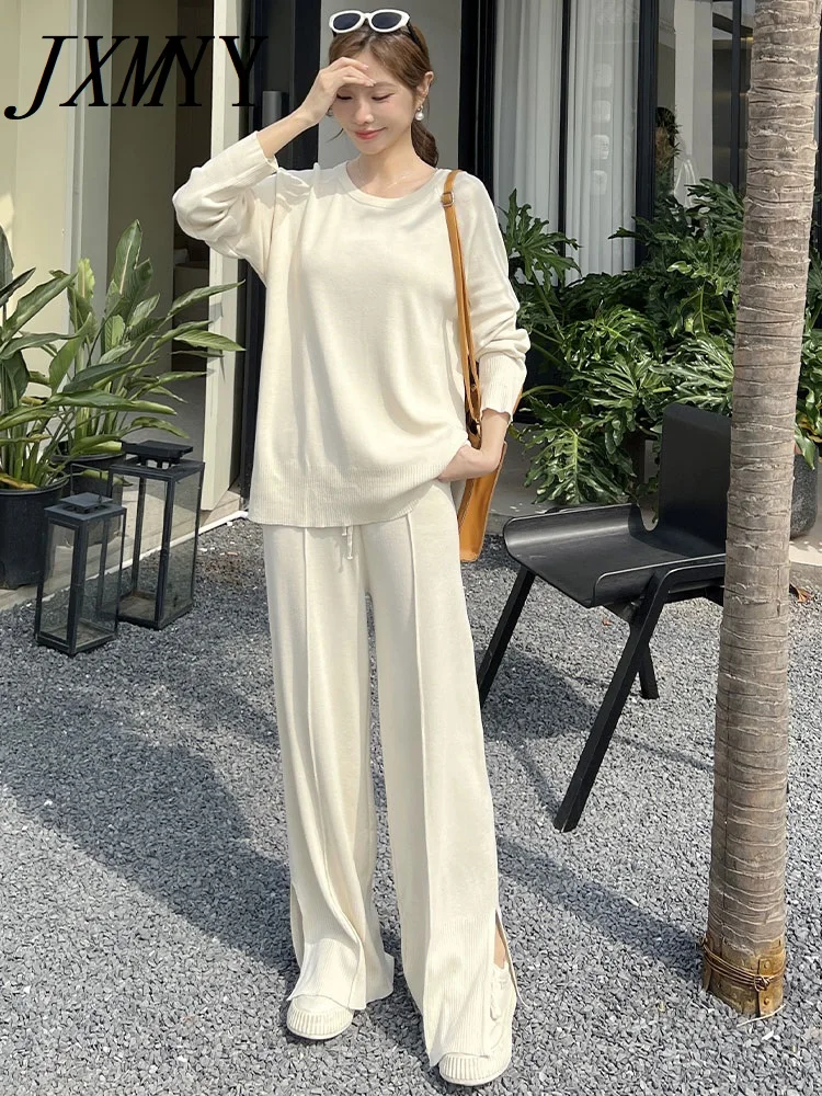 

Korean Version Of simple Loose Casual Sweater Knitted Set Spring And Autumn New Round Neck Wide-Leg Pants Two-Piece Women's Wear