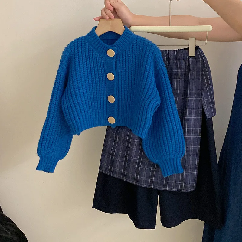 Korean Version of Girls' Autumn New Solid-color Knitted Cardigan Sweater 2025 Plaid Fart Curtain Casual Pants Three-piece Set