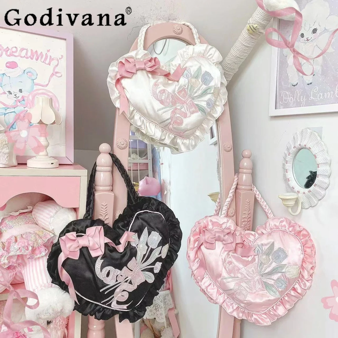 Japanische Lolita Rosa Liebe Handtasche Weibliche Nette Süße Mädchen Bogen Stickerei Schulter Tasche Student Geburtstag Geschenk Tote Handtaschen