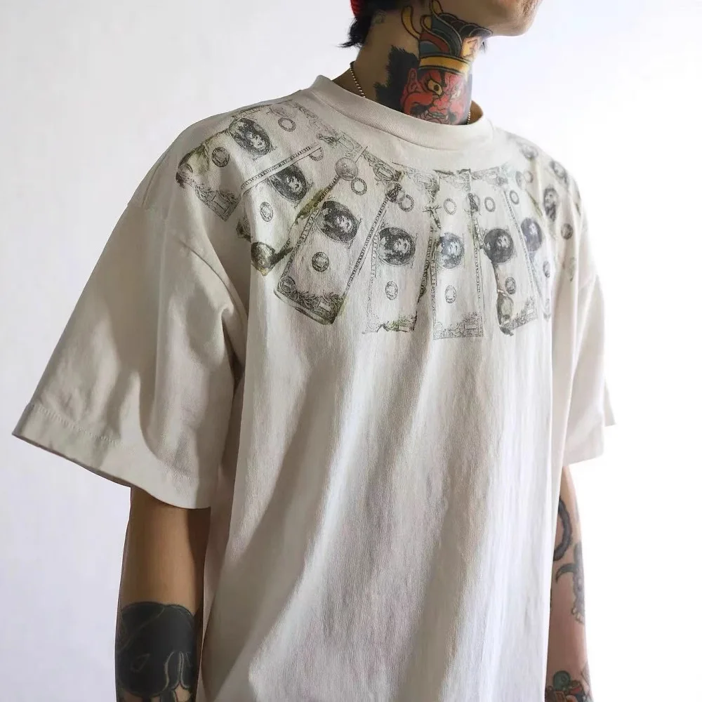 

Firmranch 25ss Retro American High Street Print Trend Loose Short-sleeved T-shirt For Men Women Vintage Make Old Tees Summer