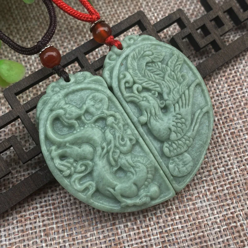 Natural Bean Green Handicraft Sculpture Dragon and Phoenix To Jade Pendant  Boutique Jewelery Men's and Women's Loan Chain