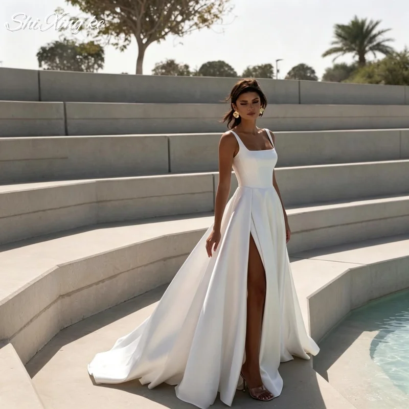 Polished Satin A‑Line Wedding Dress Square Neck Sleeveless High Side Split Chapel Train Bridal Gown Vestidos De Novia Customized