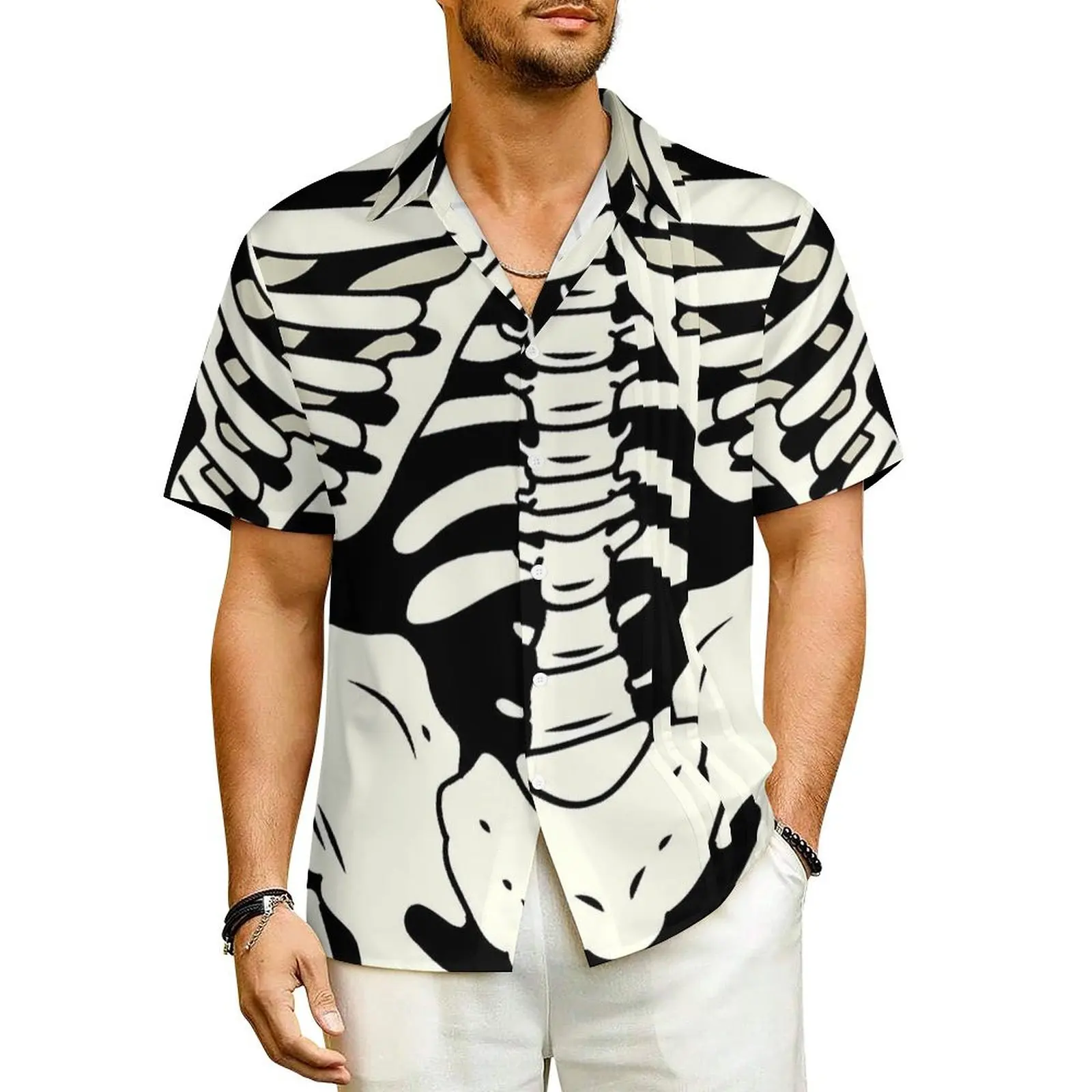 

Hawaiian Shirt Beach Skeleton Blouses Bones Print Vintage Casual Shirts Men Short Sleeve Harajuku Oversized Clothes