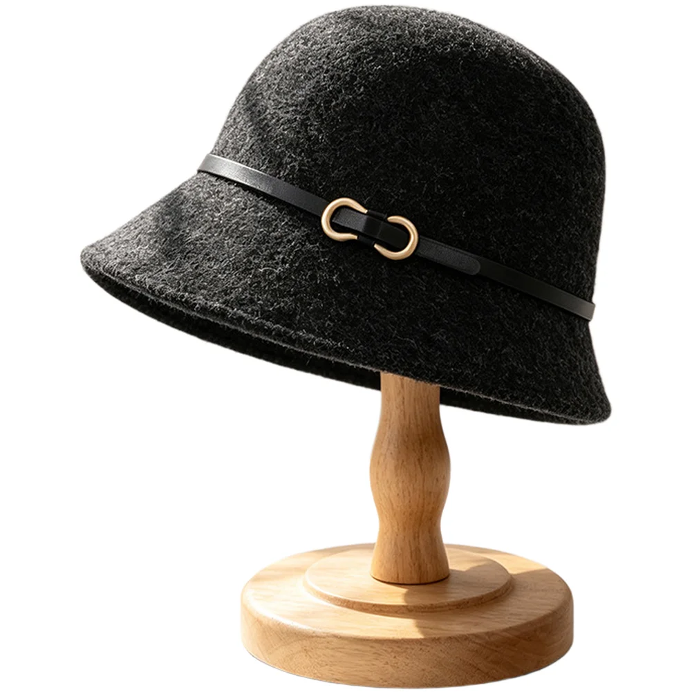 Bucket Hat for Women Winter Warm Wool Blend Fabric Belt Buckle Adjustable Strap Small Face Look Fisherman Hat Solid Colors