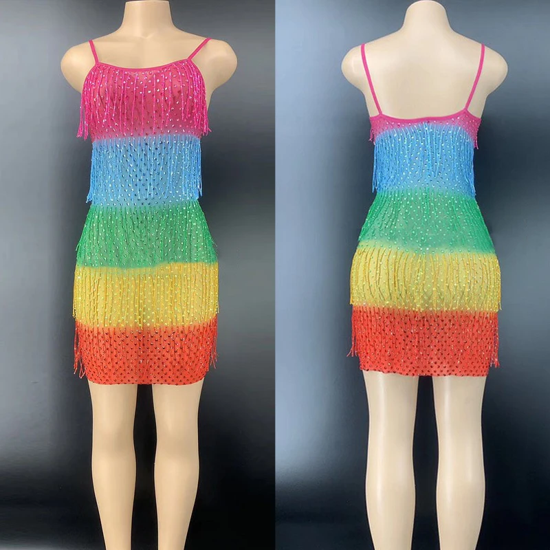 

Colorful Fringed Diamond Dress Sexy Suspender Tassels Dress Women Evening Prom Dress Stage Rave Outfit Party Clubwear XS5036