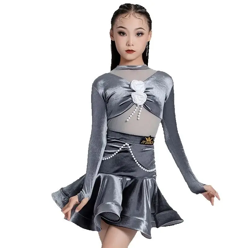 어린이 볼룸 댄스 전문 의류, 소녀 벨벳 라틴 댄스 드레스, 어린이 볼룸 댄스 코스튬 무대 착용, SL11835