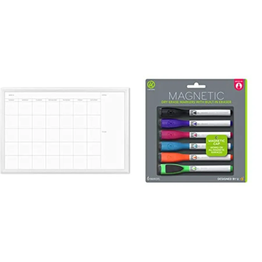 

Magnetic Dry Erase Calendar Board, 20 x 30 Inches, White Wood Frame 2075U00-01 and Brands Low Odor Magnetic Dry Erase Markers w
