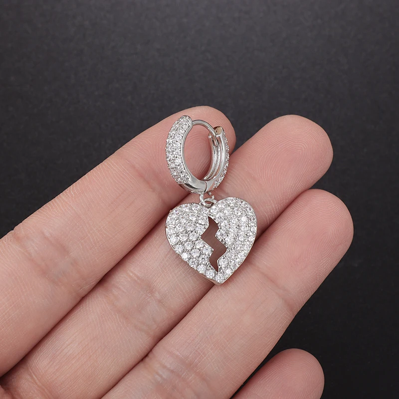 Hip Hop Ice Out Broken Heart Dangle Earrings for Men Women Silver Color Cubic Zircon Huggie Earrings Anti Allergy Jewelry