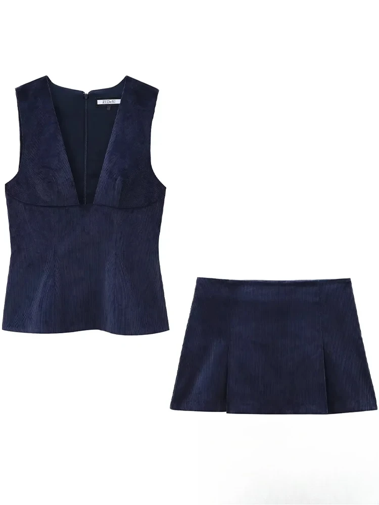 

KONDALA Vintage Chic Suit Women Solid V Neck Sleeveless Blazer Zipper Straight Skirt Fashion 2025 Spring Autumn Office Sets