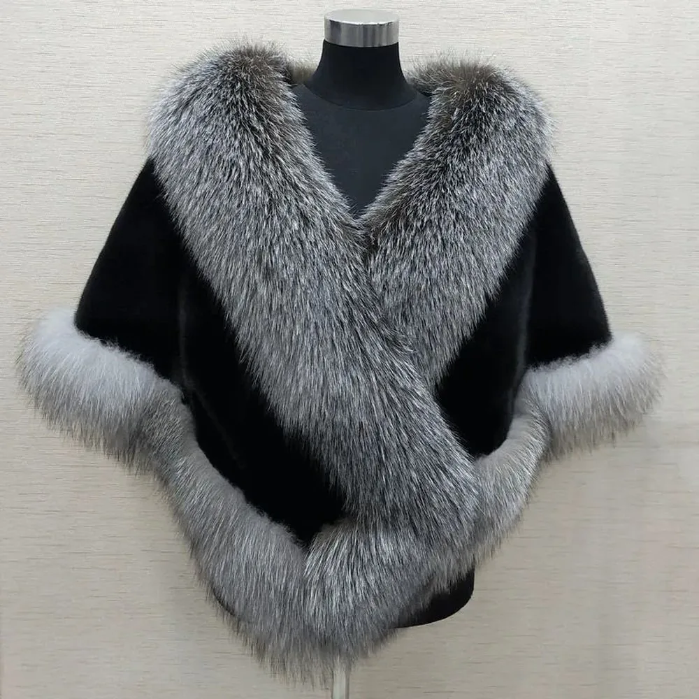 Women's Genuine Mink Fur Trim Cape Poncho Winter Warm Shawl Wrap V Neck Luxury Fur Fox Collar Elegant Coat Women