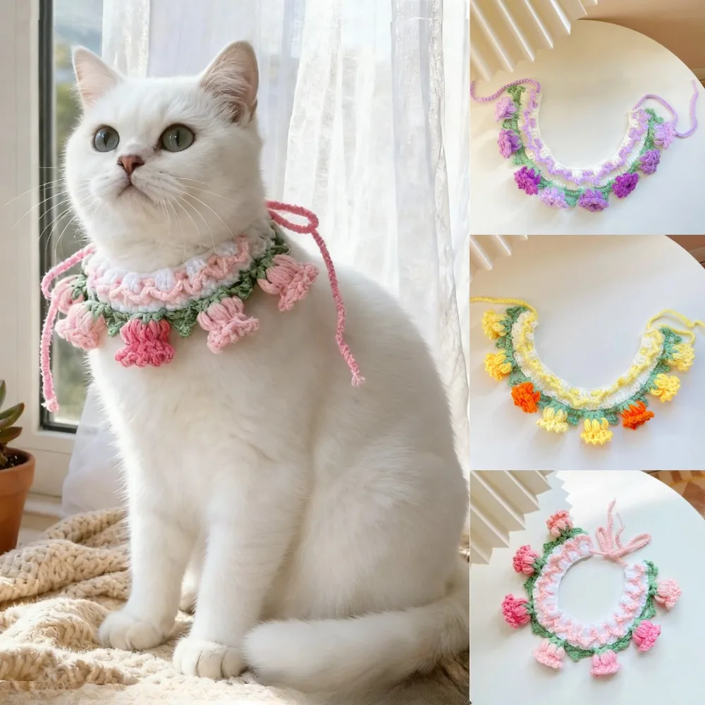 Hand Knitting Cat Dog Knitted Collar Crochet Collar Small Medium Pet Drool Scarf Bib Orchid Bell Flower Pet Cute Accessories