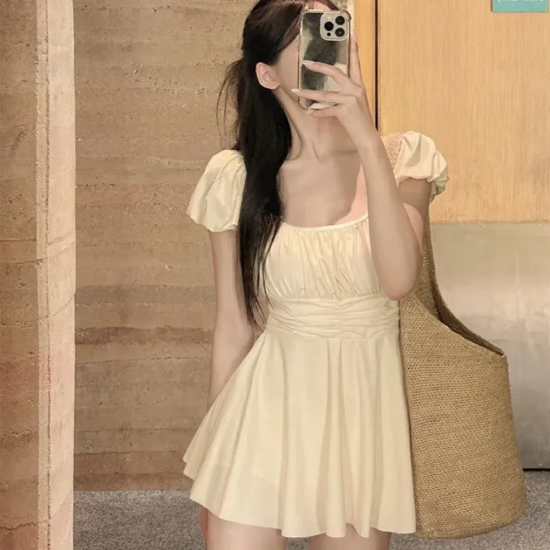 Women‘s One Piece Swimsuit 2026 Summer Korean Pure Desire Small Fragrance Short Sleeve Tummy Control Skirt Slimming Swimwear