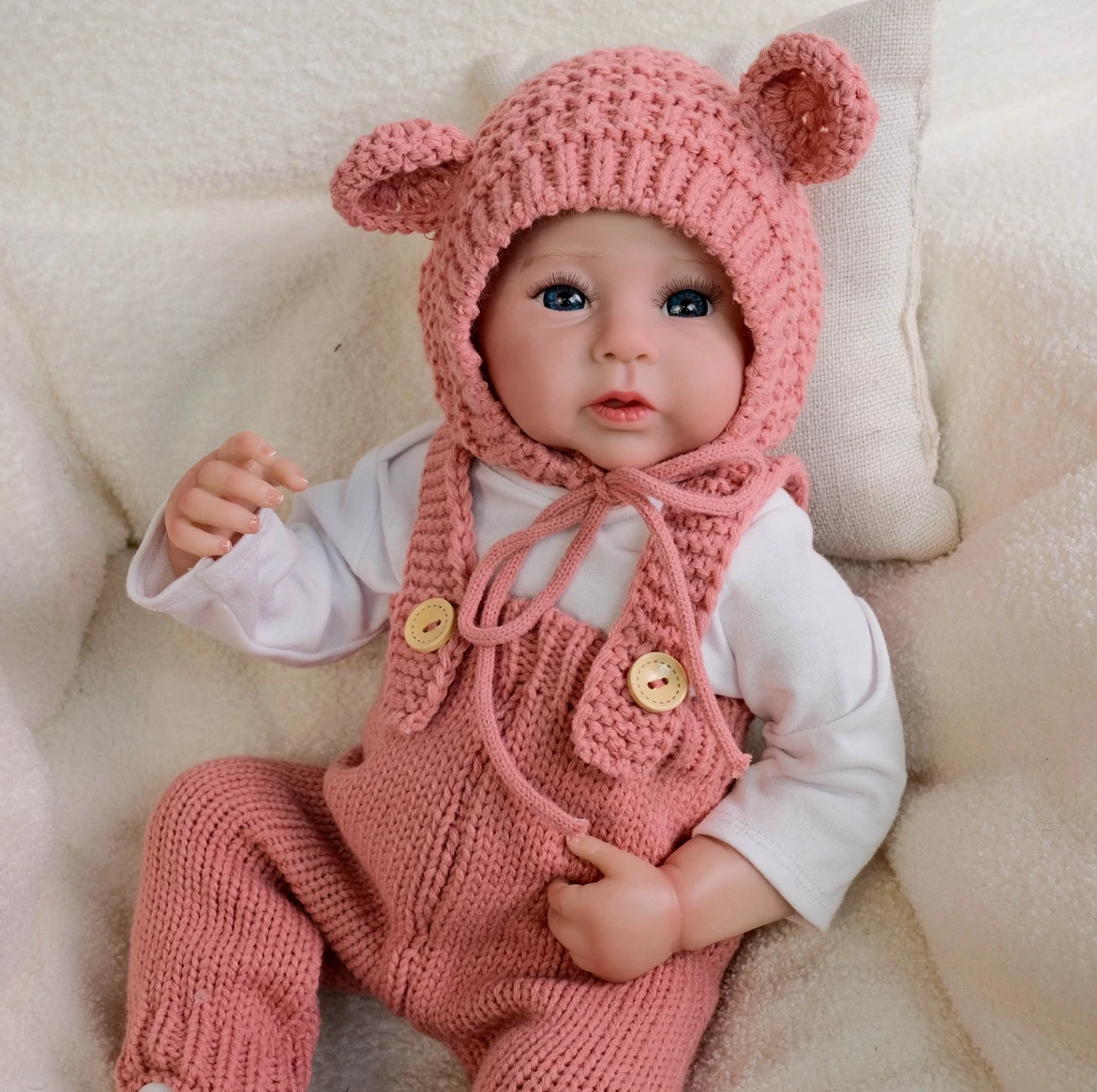 

49cm Realistic Reborn Baby Doll Raven- Pink suspender trousers Handcrafted Vinyl Lifelike Collectible, Heirloom Gift for Girls