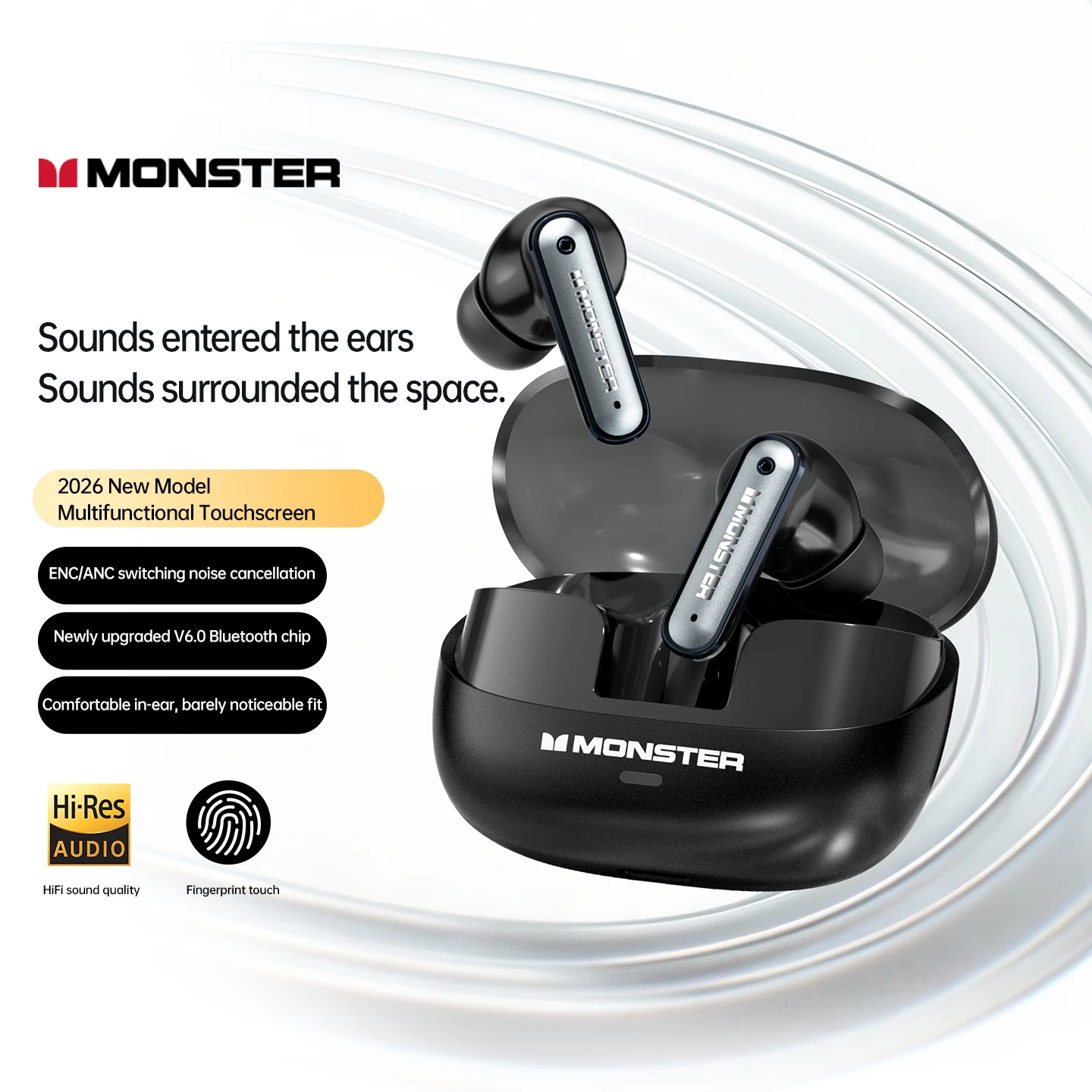 Беспроводные Bluetooth 6.0 наушники Monster A03 ANC с шумоподавлением ENC, пространственным звуком, двойными динамиками, сенсорным управлением для игр и спорта