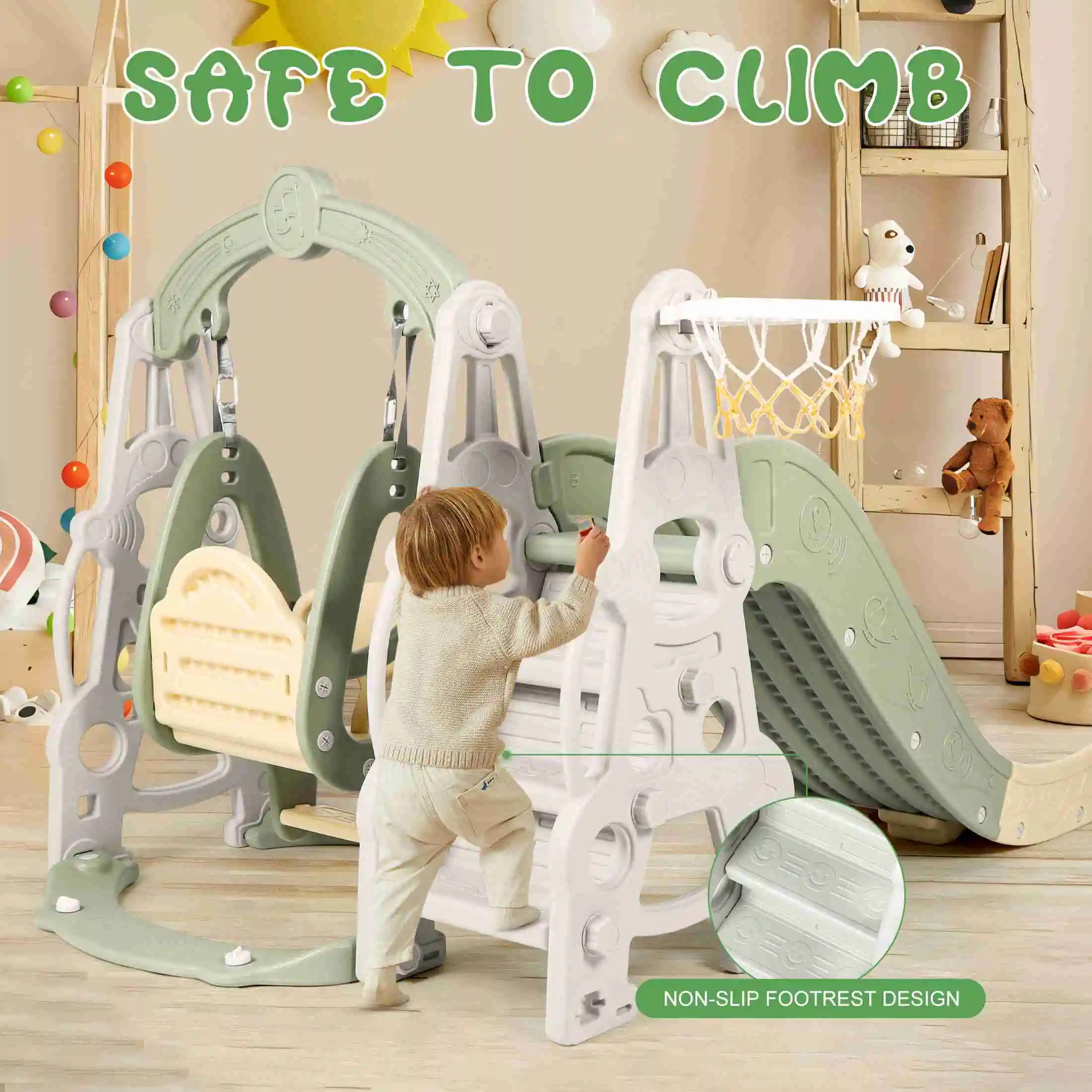 

4 in 1 Slide Fully Enclosed Pedal Enhanced Safety Easy Set Up Playground Slide Swing Playset Green Slide and Swing Set
