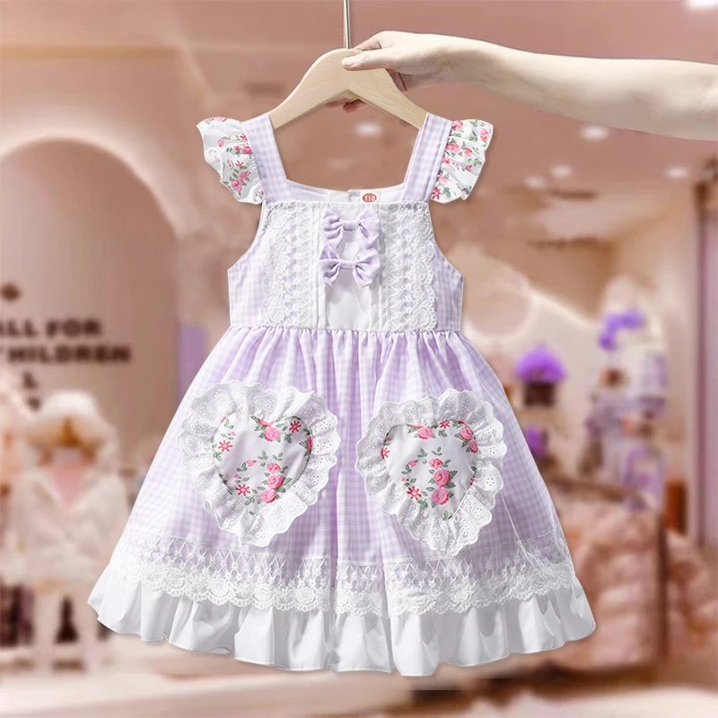 

Preppy Style Kid Baby Girl's Summer Slip Dress Square Collar Fly Sleeve Lace Love Bow Princess Dresses Child Plaid Vestidos