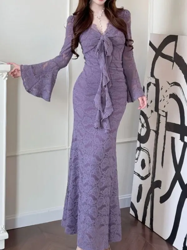 

Элегантная кружевная юбка с вырезами и рукавами-колокол, V-образный вырез, высокая талия, для женщин, осенняя мода, корейский стиль, длинное платье