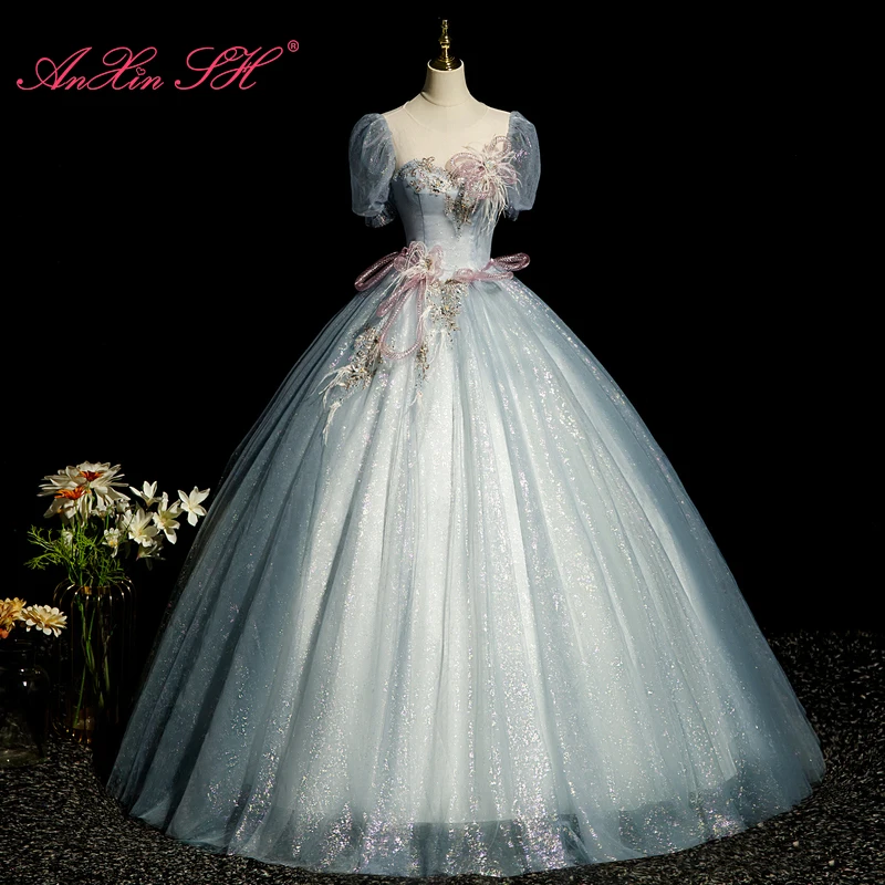 AnXin SH princess grey blue lace o neck rose flower sparkly beading crystal short puff sleeve ball gown customized evening dress