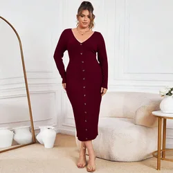 Plus Size Women Knitted Dress 2023 New Sexy V-neck Single-breasted Long Dress Solid Color Fashion Long-sleeved Elegant Dresses