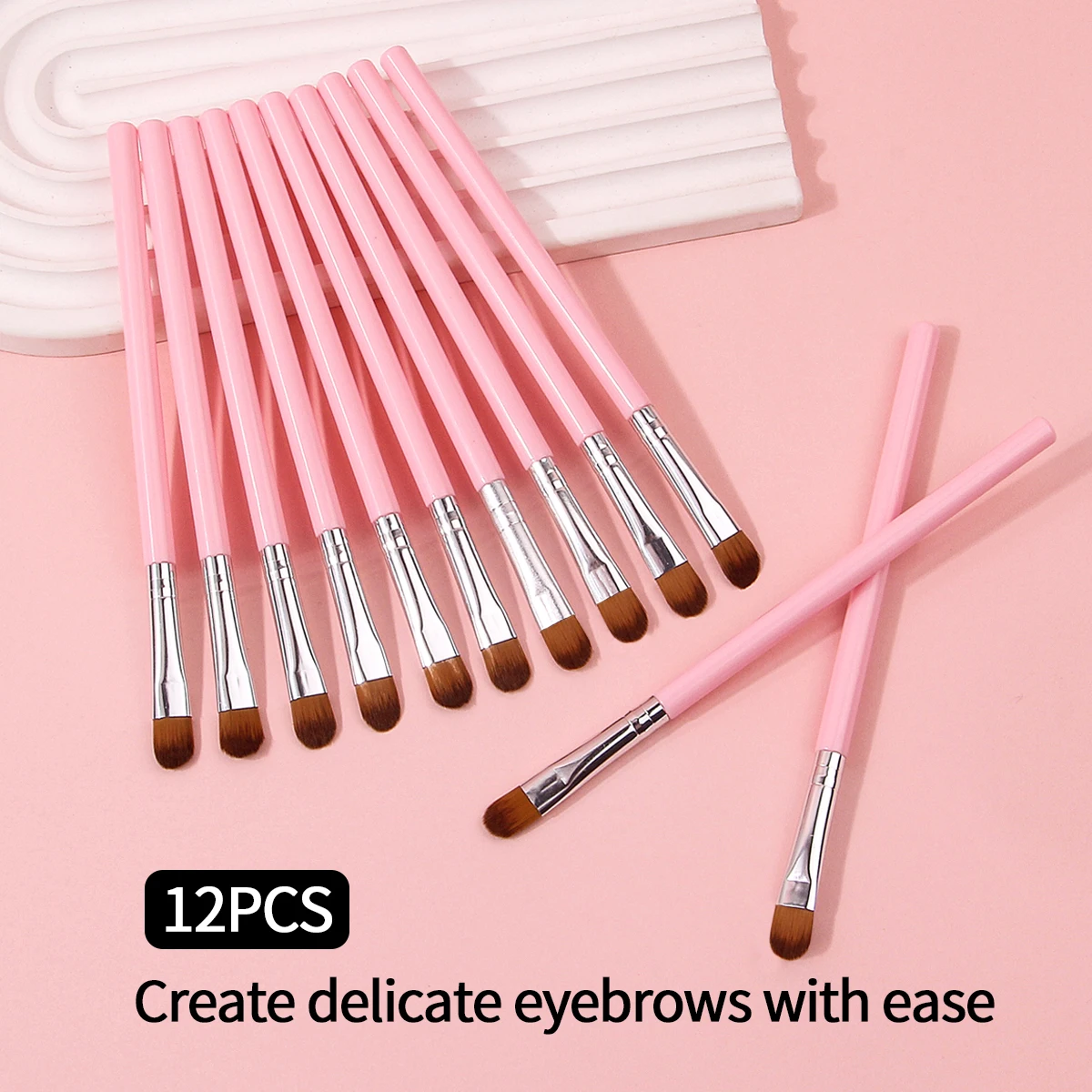 12Pcs Pink Eyeshadow Brushes Flat Round Small Concealer Brushes Professional Eye MakeupTools Soft Synthetic Fibers Easy To Clean