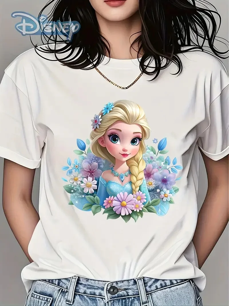 

2025 Disney Pattern Printed Women's Casual Comfortable Unique Smiling Face Black Round Neck Short Sleeve T-shirt