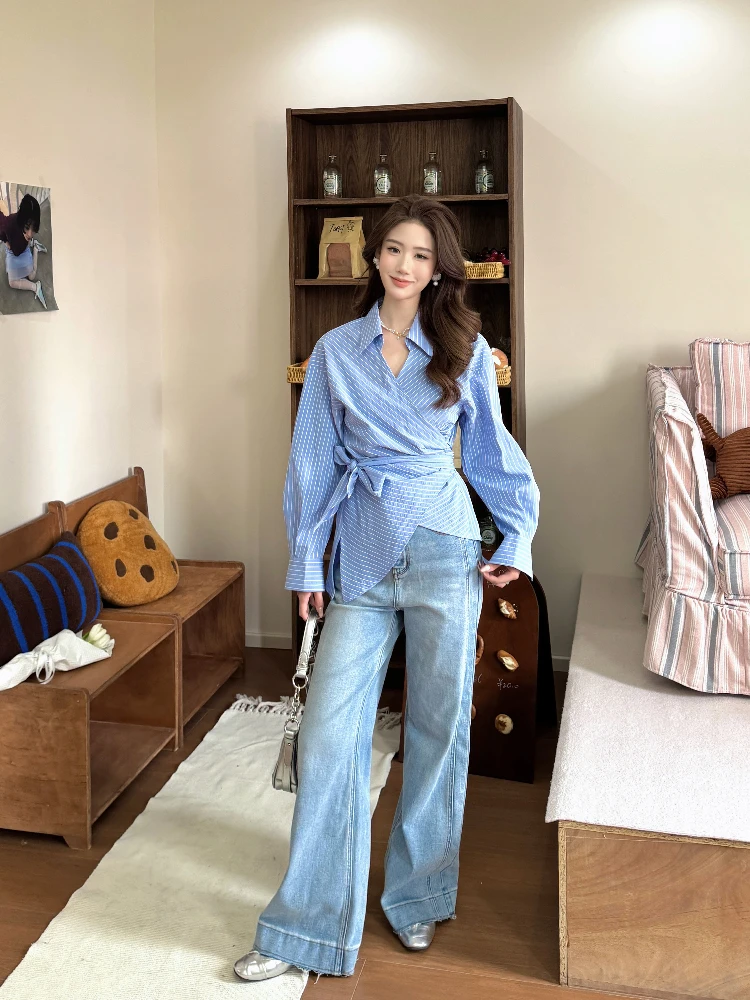 

New NTS97 Spring Summer Asymmetric Tie Korean Striped V-ne Commuter Sle Women's irt Loose Fit Long Sve Cotton Polyester