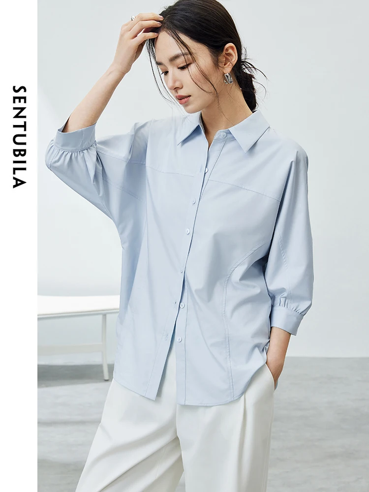 SENTUBILA Polo Collar Three Quarter Sleeve Woman Shirt 2024 Summer New Loose Commuter Professional Button Up Blouse 142C54547